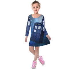 Tardis Doctor Who Space Blue Kids  Long Sleeve Velvet Dress by Cendanart