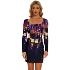 Tardis Regeneration Art Doctor Who Paint Purple Sci Fi Space Star Time Machine Long Sleeve Square Neck Bodycon Velvet Dress by Cendanart