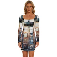 Tardis Doctor Who Long Sleeve Square Neck Bodycon Velvet Dress by Cendanart