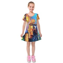 Tardis Doctor Who Paint Painting Kids  Short Sleeve Velvet Dress by Cendanart