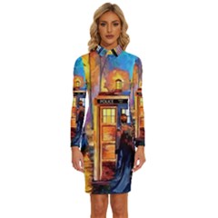 Tardis Doctor Who Paint Painting Long Sleeve Shirt Collar Bodycon Dress by Cendanart