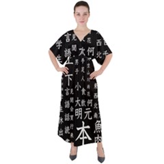 Japanese Basic Kanji Anime Dark Minimal Words V-neck Boho Style Maxi Dress by Bedest