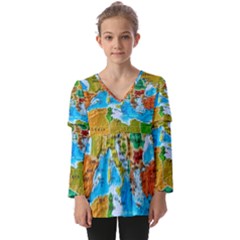 World Map Kids  V Neck Casual Top by Ket1n9