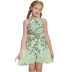 Illustration Of Butterflies And Flowers Ornament On Green Background Kids  Halter Collar Waist Tie Chiffon Dress by Ket1n9