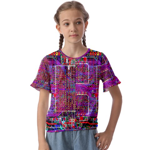 Technology Circuit Board Layout Pattern Kids  Cuff Sleeve Scrunch Bottom T-shirt by Ket1n9