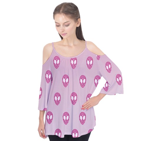 Alien Pattern Pink Flutter Sleeve T-shirt  by Ket1n9