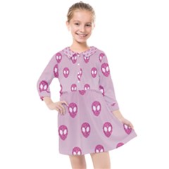 Alien Pattern Pink Kids  Quarter Sleeve Shirt Dress by Ket1n9