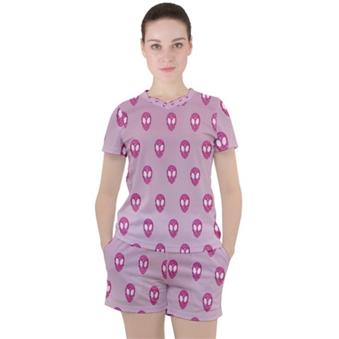 Alien Pattern Pink Women s T-shirt And Shorts Set by Ket1n9