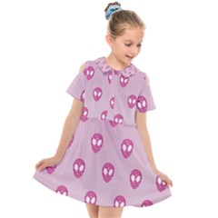 Alien Pattern Pink Kids  Short Sleeve Shirt Dress by Ket1n9