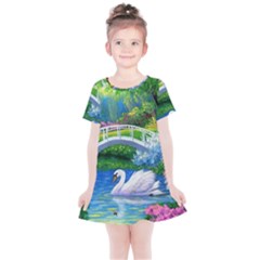 Swan Bird Spring Flowers Trees Lake Pond Landscape Original Aceo Painting Art Kids  Simple Cotton Dress by Ket1n9