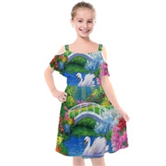 Swan Bird Spring Flowers Trees Lake Pond Landscape Original Aceo Painting Art Kids  Cut Out Shoulders Chiffon Dress by Ket1n9