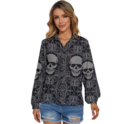 Dark Horror Skulls Pattern Women s Long Sleeve Button Up Shirt by Ket1n9