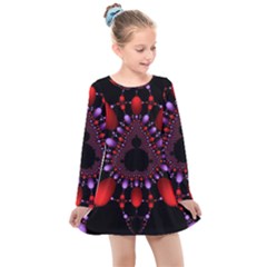 Fractal Red Violet Symmetric Spheres On Black Kids  Long Sleeve Dress by Ket1n9