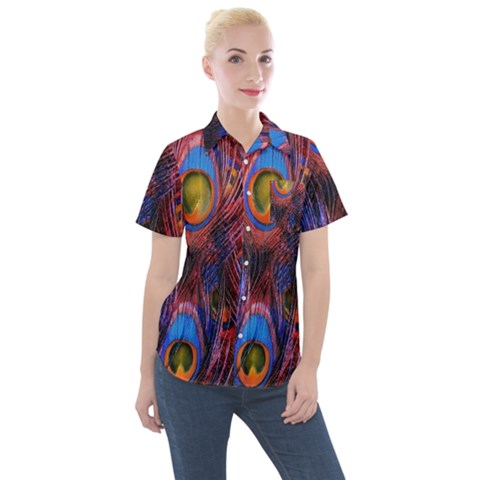 Pretty Peacock Feather Women s Short Sleeve Pocket Shirt by Ket1n9