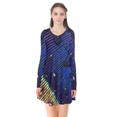 Peacock Feather Retina Mac Long Sleeve V-neck Flare Dress by Ket1n9