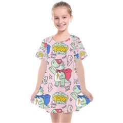 Seamless Pattern With Many Funny Cute Superhero Dinosaurs T-rex Mask Cloak With Comics Style Inscrip Kids  Smock Dress by Ket1n9