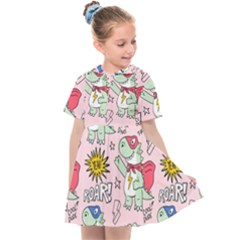 Seamless Pattern With Many Funny Cute Superhero Dinosaurs T-rex Mask Cloak With Comics Style Inscrip Kids  Sailor Dress by Ket1n9