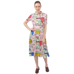 Seamless Pattern With Many Funny Cute Superhero Dinosaurs T-rex Mask Cloak With Comics Style Inscrip Keyhole Neckline Chiffon Dress by Ket1n9