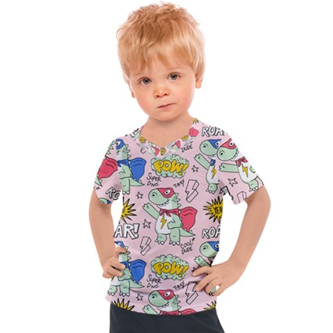 Seamless Pattern With Many Funny Cute Superhero Dinosaurs T-rex Mask Cloak With Comics Style Inscrip Kids  Sports T-shirt by Ket1n9