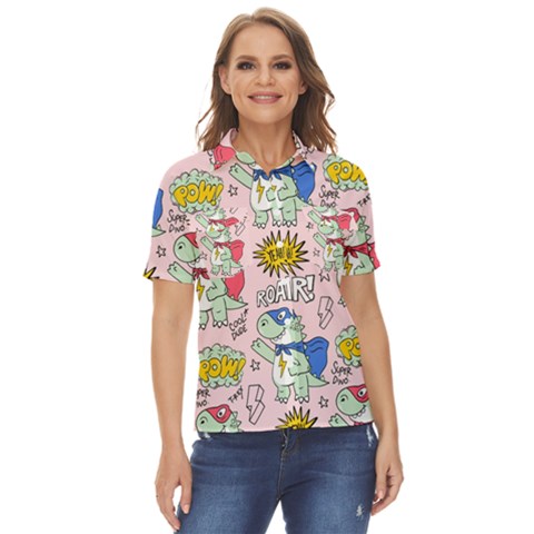 Seamless Pattern With Many Funny Cute Superhero Dinosaurs T-rex Mask Cloak With Comics Style Inscrip Women s Short Sleeve Double Pocket Shirt by Ket1n9