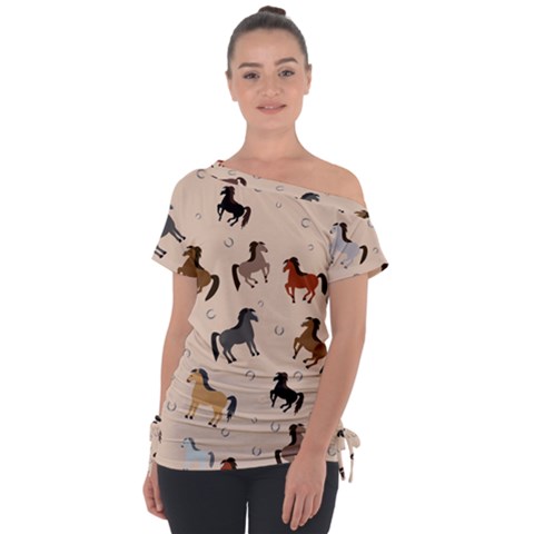 Horses For Courses Pattern Off Shoulder Tie-up T-shirt by Ket1n9