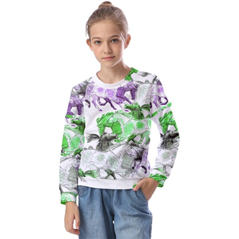 Horse Horses Animal World Green Kids  Long Sleeve T-shirt With Frill  by Ket1n9