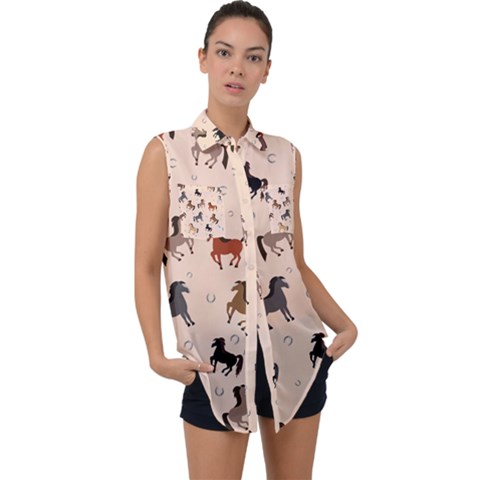 Horses For Courses Pattern Sleeveless Chiffon Button Shirt by Ket1n9