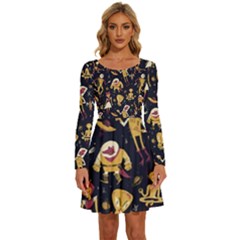 Alien Surface Pattern Long Sleeve Wide Neck Velvet Dress by Ket1n9