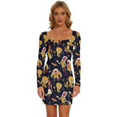 Alien Surface Pattern Long Sleeve Square Neck Bodycon Velvet Dress by Ket1n9