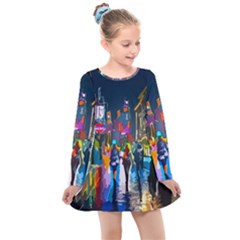 Abstract Vibrant Colour Cityscape Kids  Long Sleeve Dress by Ket1n9