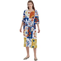 Mexican Talavera Pattern Ceramic Tiles With Flower Leaves Bird Ornaments Traditional Majolica Style Women s Cotton 3/4 Sleeve Night Gown by Ket1n9