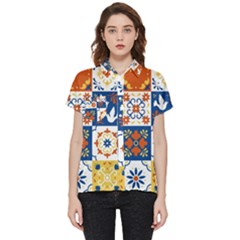 Mexican Talavera Pattern Ceramic Tiles With Flower Leaves Bird Ornaments Traditional Majolica Style Short Sleeve Pocket Shirt by Ket1n9