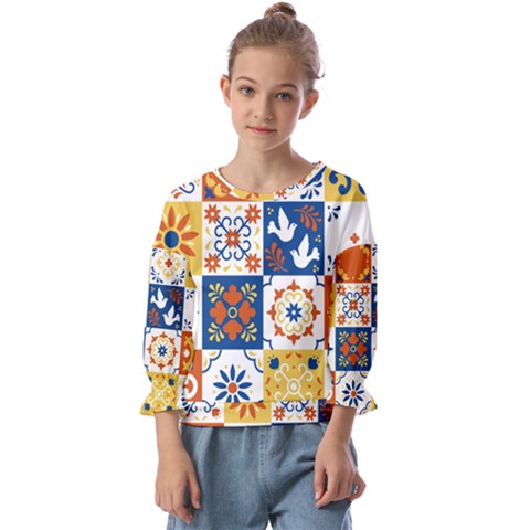 Mexican Talavera Pattern Ceramic Tiles With Flower Leaves Bird Ornaments Traditional Majolica Style Kids  Cuff Sleeve Top by Ket1n9