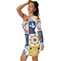 Mexican Talavera Pattern Ceramic Tiles With Flower Leaves Bird Ornaments Traditional Majolica Style Long Sleeve One Shoulder Mini Dress View2