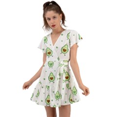 Cute Seamless Pattern With Avocado Lovers Flutter Sleeve Wrap Dress by Ket1n9