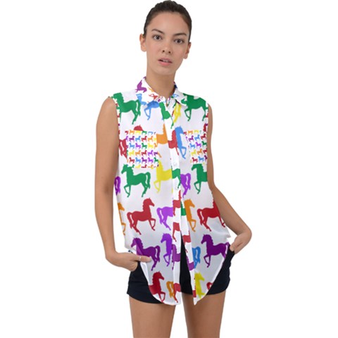 Colorful Horse Background Wallpaper Sleeveless Chiffon Button Shirt by Hannah976