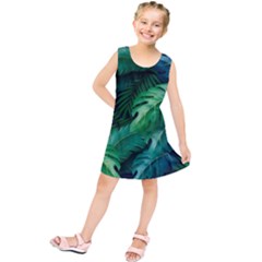 Tropical Green Leaves Background Kids  Tunic Dress by Hannah976