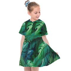 Tropical Green Leaves Background Kids  Sailor Dress by Hannah976