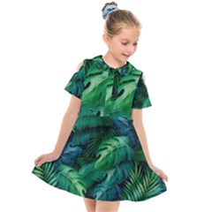 Tropical Green Leaves Background Kids  Short Sleeve Shirt Dress by Hannah976