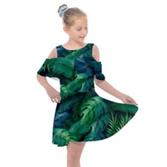 Tropical Green Leaves Background Kids  Shoulder Cutout Chiffon Dress by Hannah976