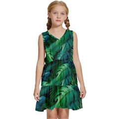 Tropical Green Leaves Background Kids  Sleeveless Tiered Mini Dress by Hannah976