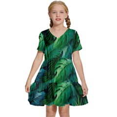 Tropical Green Leaves Background Kids  Short Sleeve Tiered Mini Dress by Hannah976