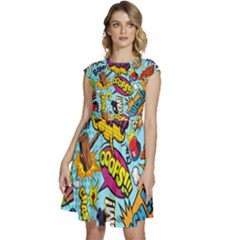 Comic Elements Colorful Seamless Pattern Cap Sleeve High Waist Dress by Hannah976