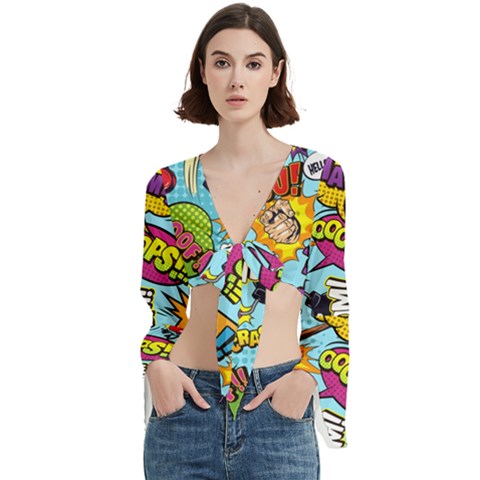 Comic Elements Colorful Seamless Pattern Trumpet Sleeve Cropped Top by Hannah976