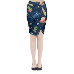 Seamless Pattern With Funny Alien Cat Galaxy Midi Wrap Pencil Skirt by Ndabl3x