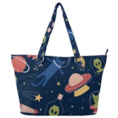 Seamless Pattern With Funny Alien Cat Galaxy Full Print Shoulder Bag by Ndabl3x