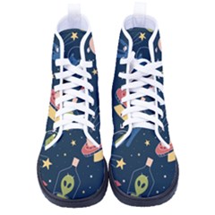 Seamless Pattern With Funny Alien Cat Galaxy Women s High-top Canvas Sneakers by Ndabl3x