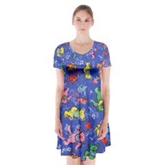 Grateful Dead Bears Pattern Short Sleeve V-neck Flare Dress by Cendanart