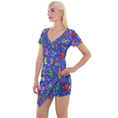 Grateful Dead Bears Pattern Short Sleeve Asymmetric Mini Dress by Cendanart