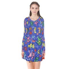 Grateful Dead Bears Pattern Long Sleeve V-neck Flare Dress by Cendanart